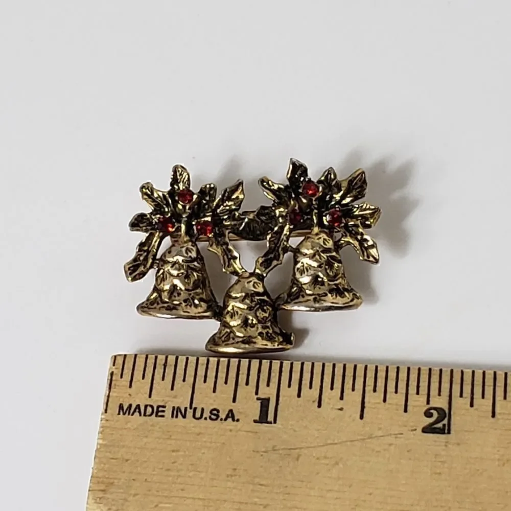 Vintage Christmas Holiday Bells Embellished Pin Brooch